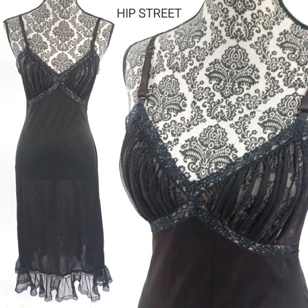 VANITY FAIR VINTAGE 40'S Ruched Sheer Top Ruffle Hem Pin Up Slip Dress 36
